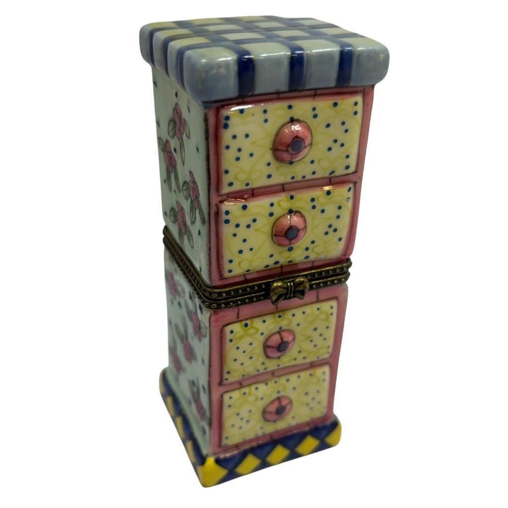 Vtg Hand Painted Ceramic Dresser Trinket Box Floral Hinged Jewelry Trinket Box